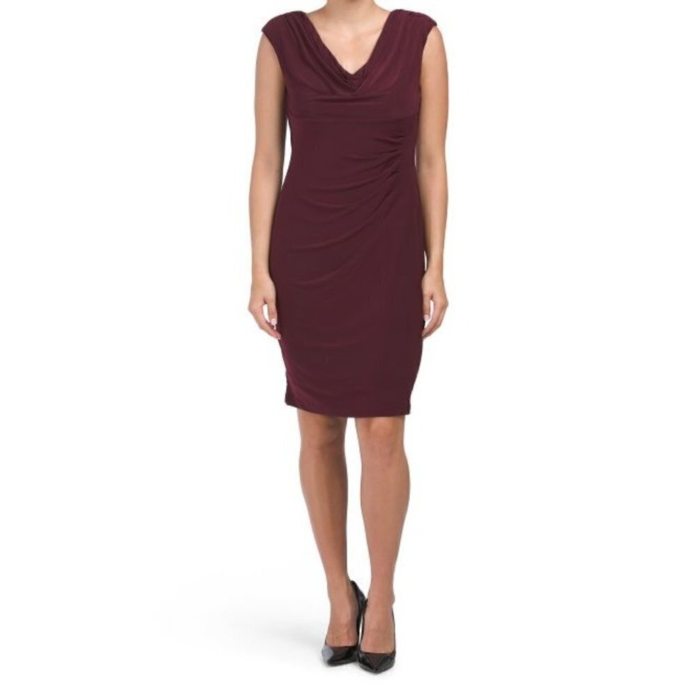 Anne Klein Womens Red Wine Cowl Neck Cap Sleeve Sheath Midi Dress Sz 10 New